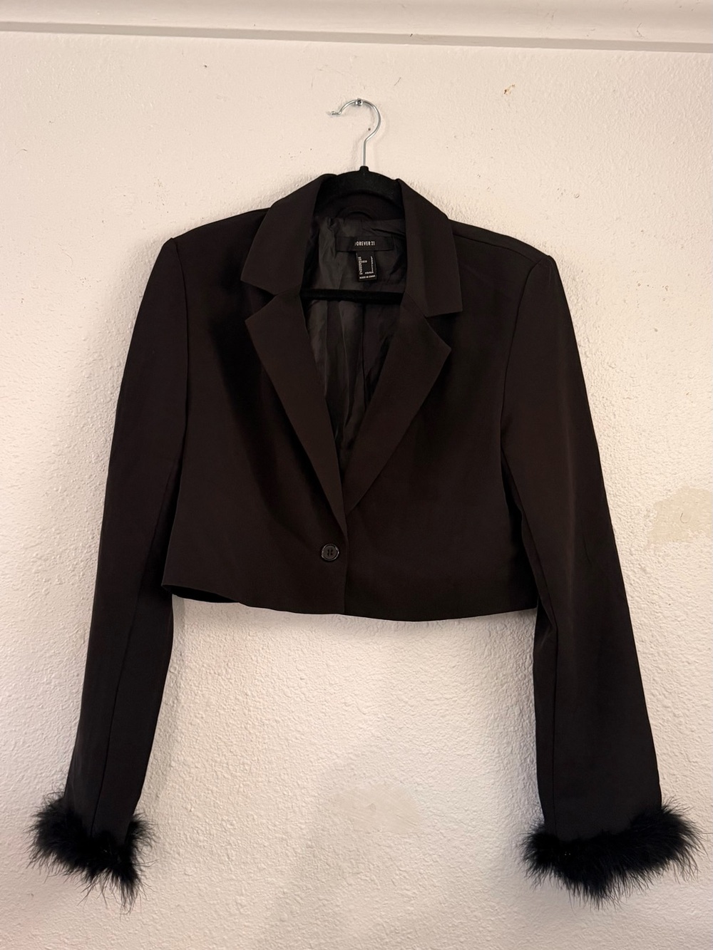 Cropped Black Blazer with Faux Feather Cuffs